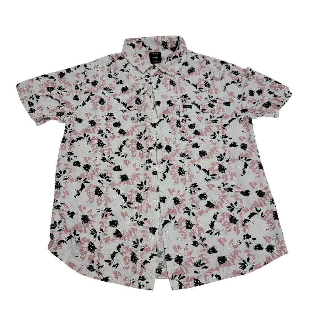 RVCA Mens Medium Easy Fit Short Sleeve Button Up Shirt Pink Floral Pattern